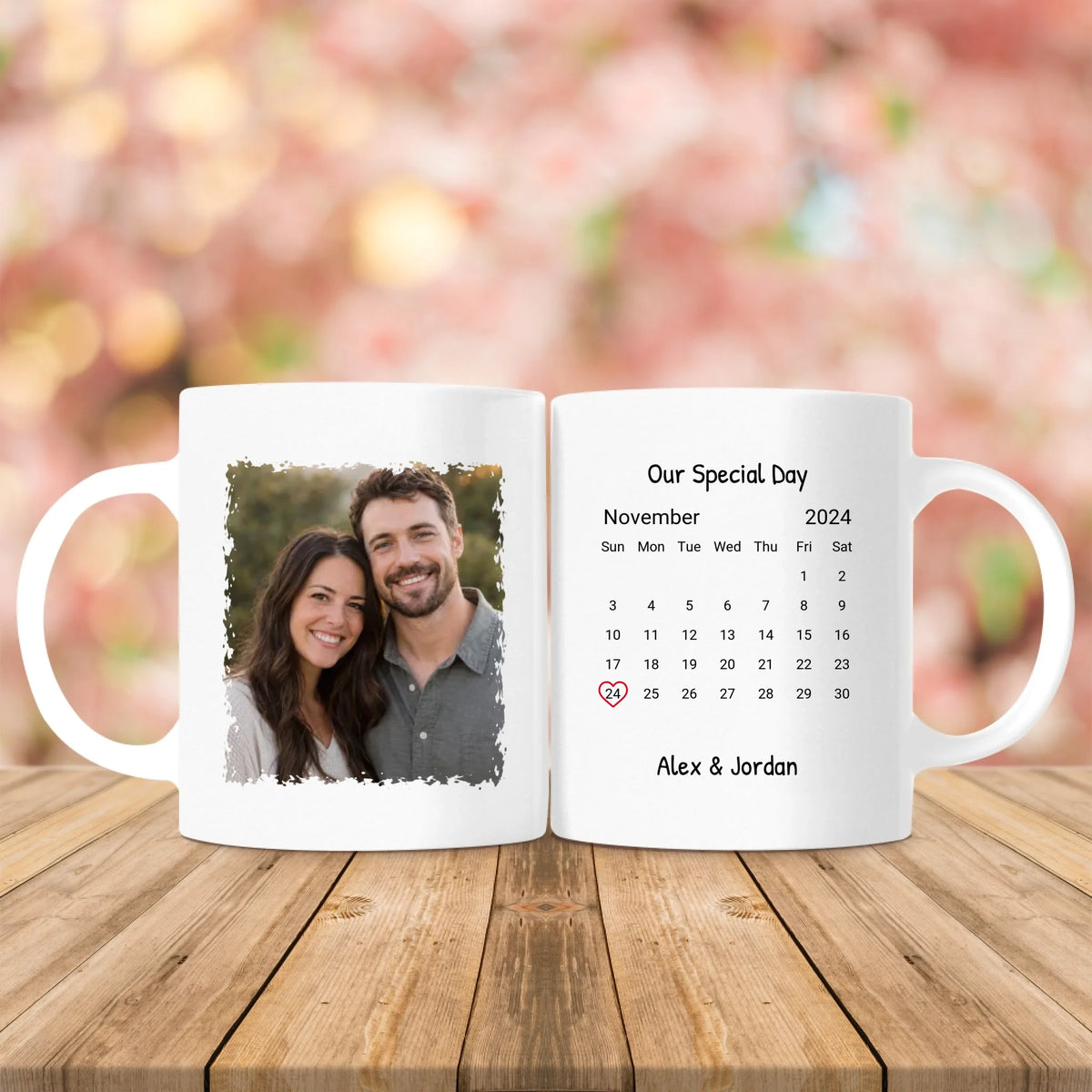 Both sides of one 11 oz personalized couple photo calendar mug with a distressed photo and heart-marked date