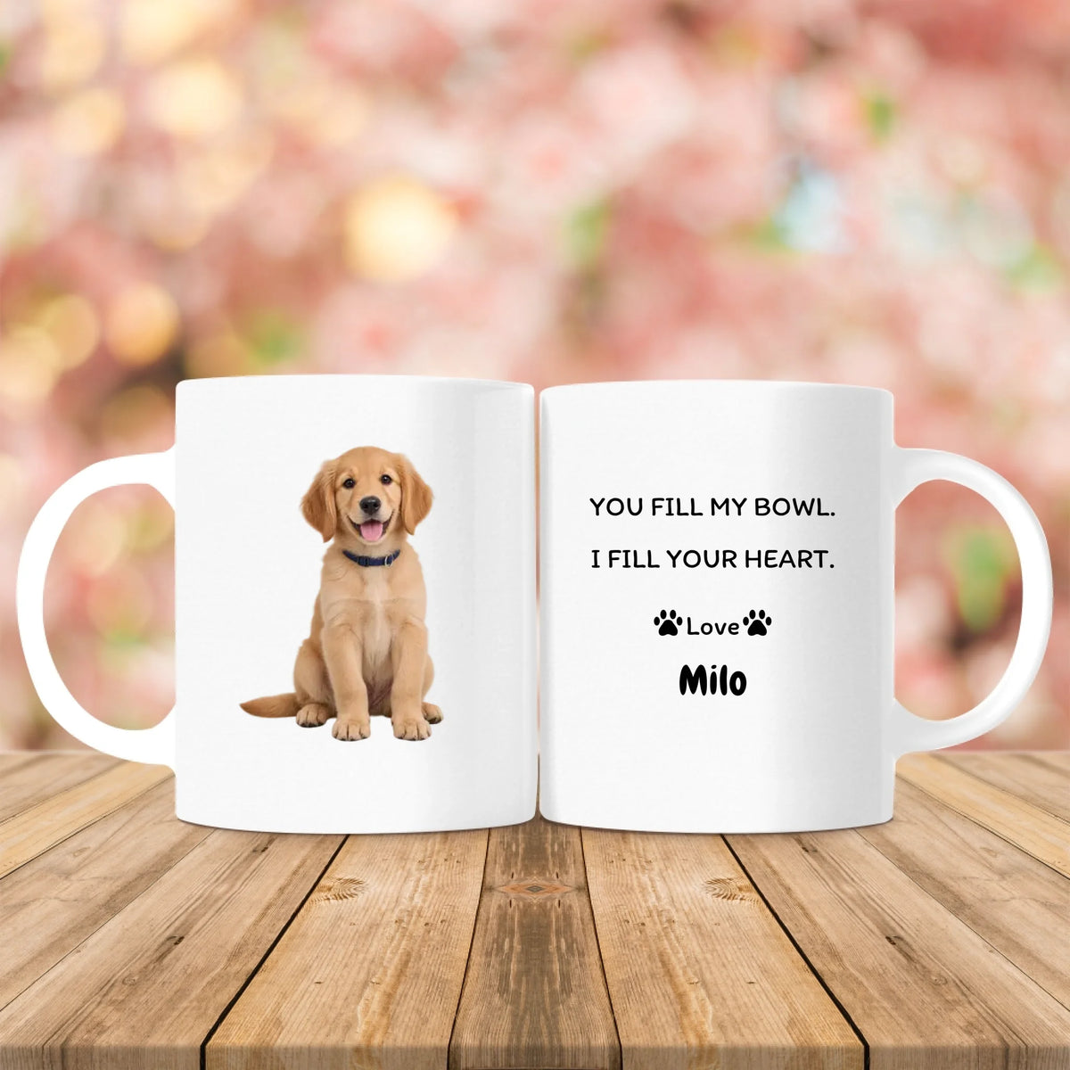 Front and back of one personalized pet photo mug with pet name and paw prints