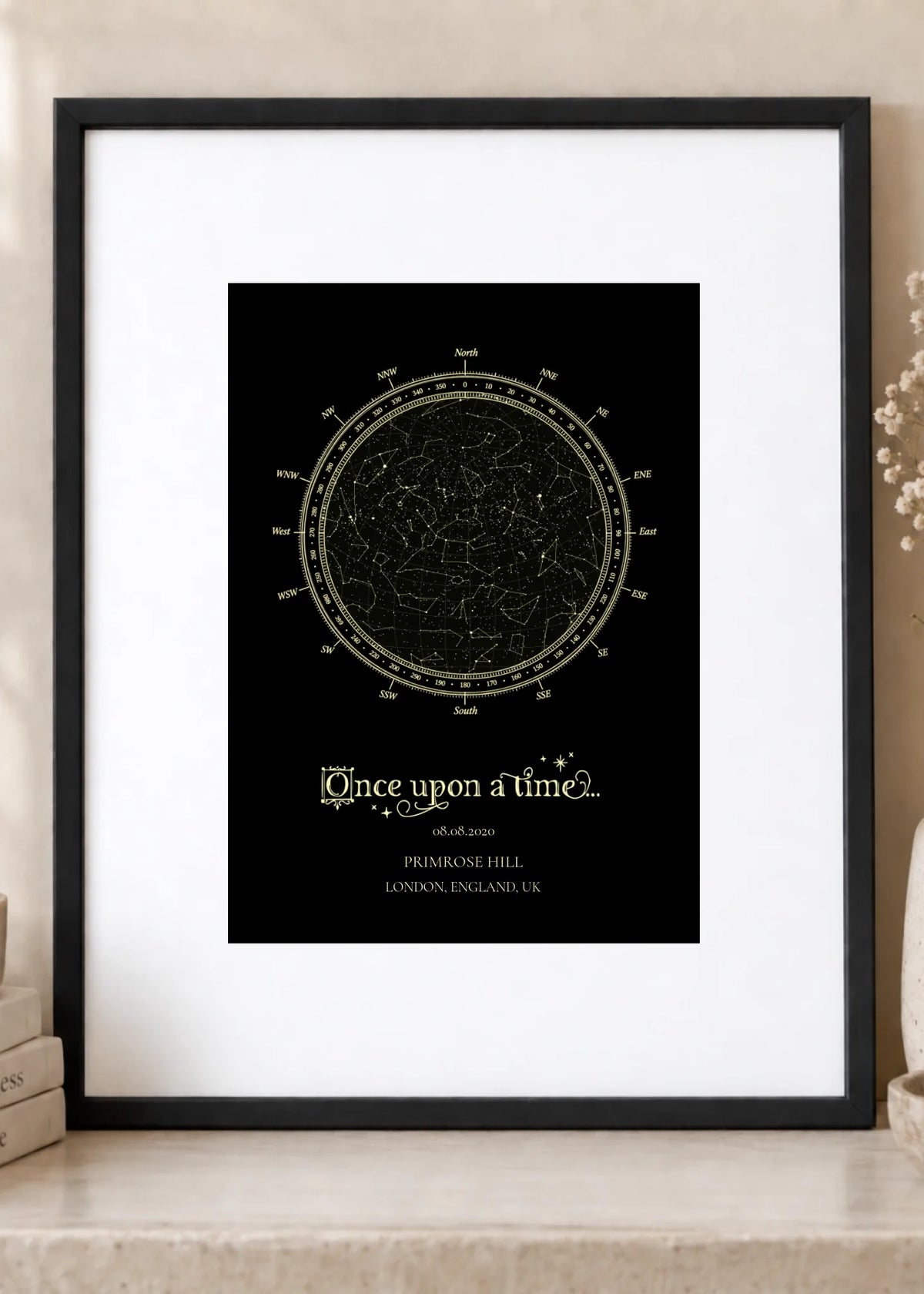 Personalized 5 x 7 star-map print in an 8 x 10 black frame with a white mat