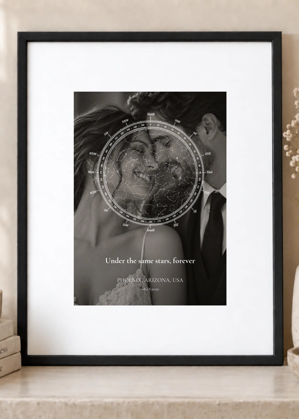 Under the same stars forever photo star map — 5 x 7 print in an 8 x 10 black frame with white mat