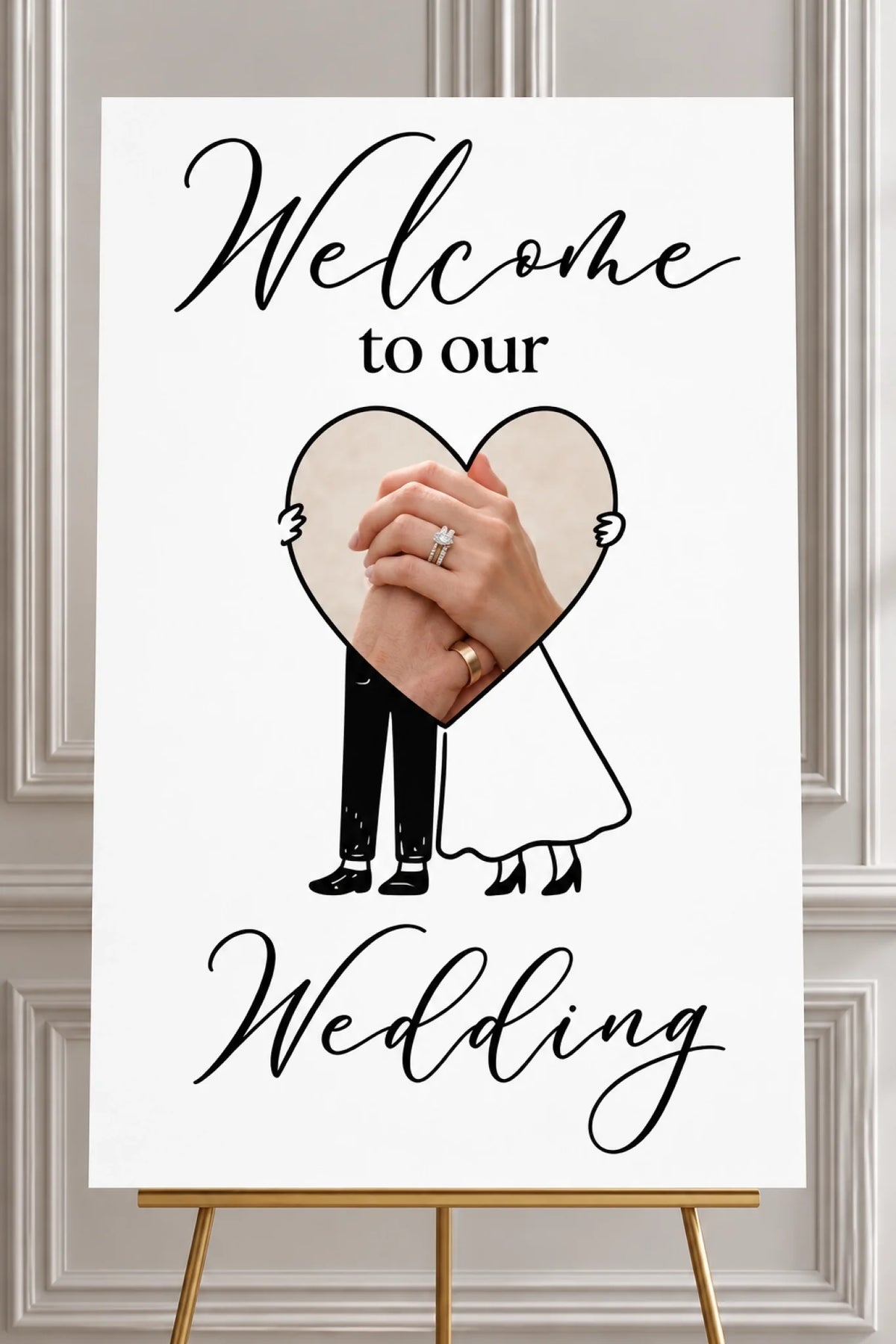 Additional wedding welcome sign mockup with hands and wedding rings photo inside heart and black lettering; easel not included