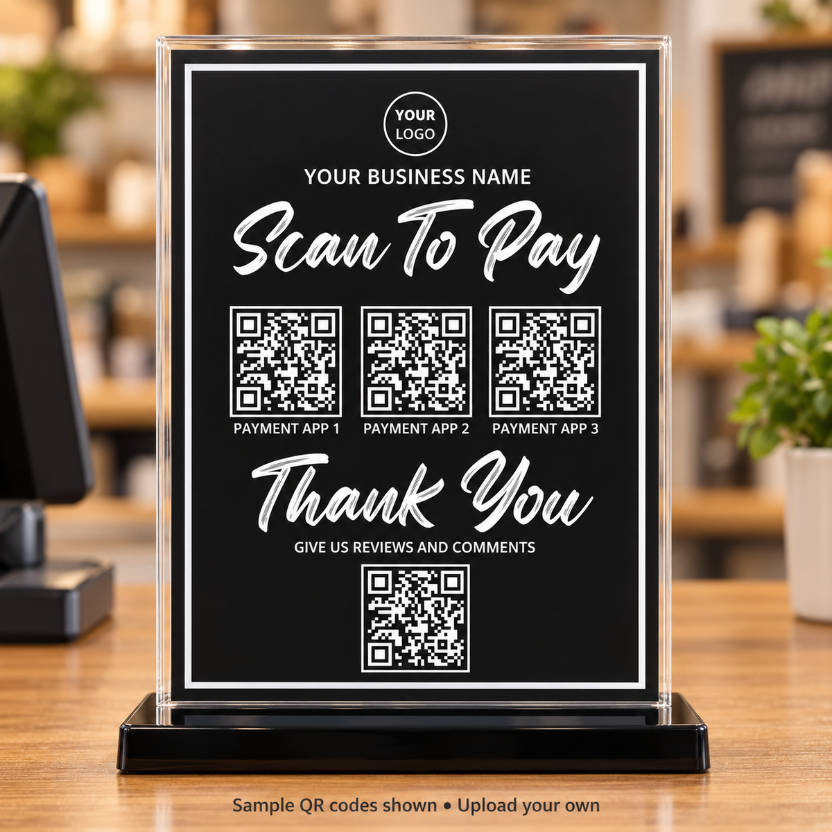 Black 5x7 Scan to Pay and Review sign in clear holder with three sample payment QR codes and one sample review QR code