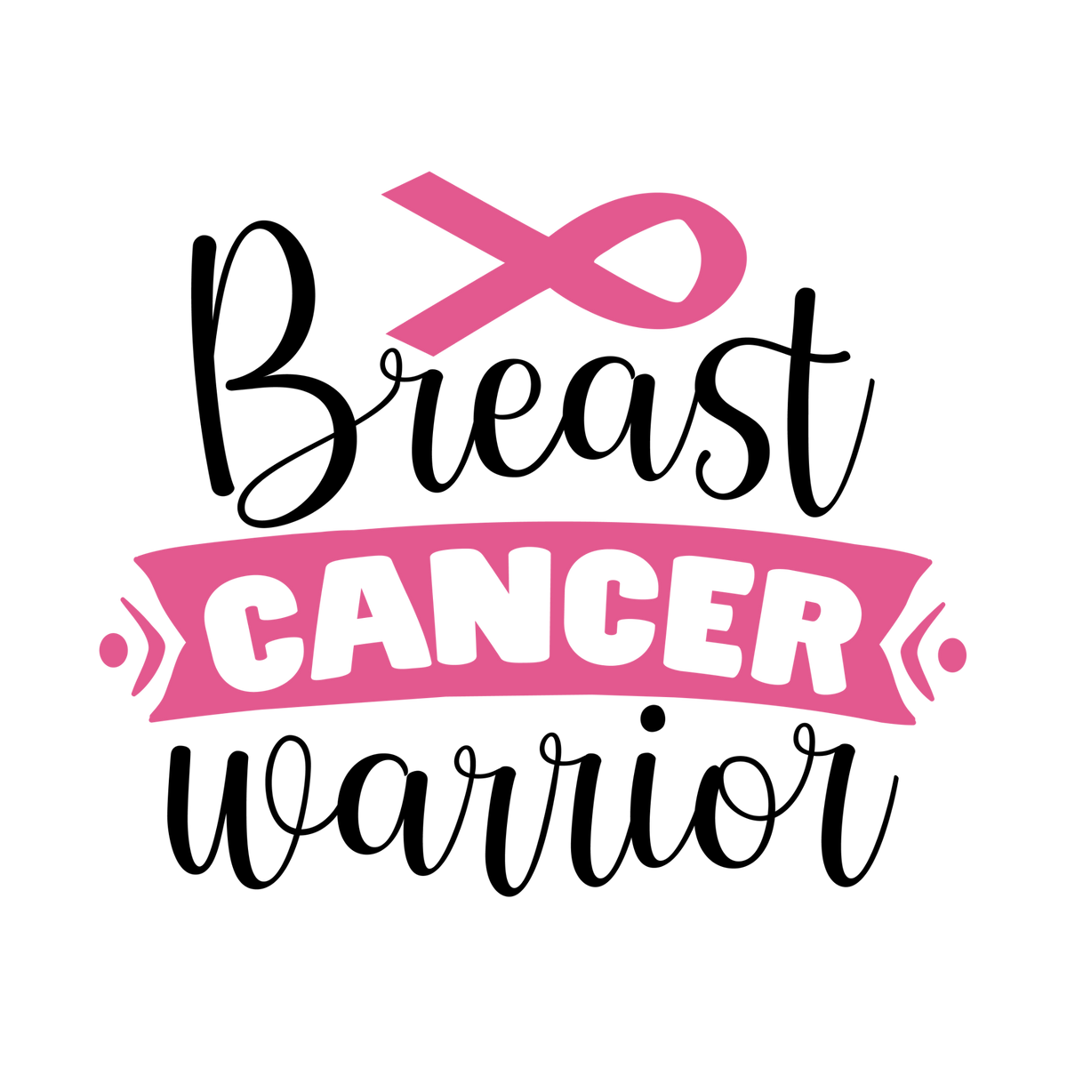 Breast Cancer Warrior black script with a pink CANCER banner and a pink ribbon above.