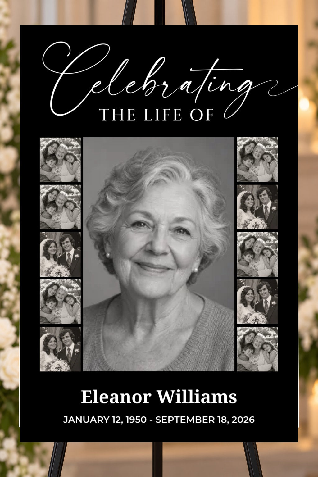 Celebrating a Life black memorial foam board, portrait & side photos, 24 by 36 inches, shown on an easel with sample photos