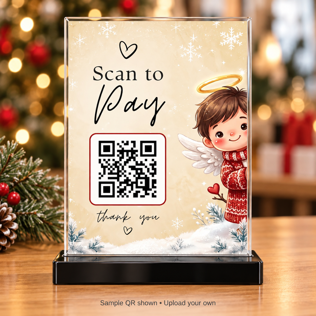Christmas angel Scan to Pay sign in a clear acrylic holder with black base; sample QR shown, upload your own
