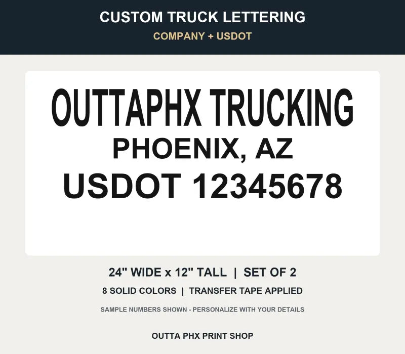 Company Name + USDOT Truck Decals - 24 x 12 inches - set of 2 - eight solid colors