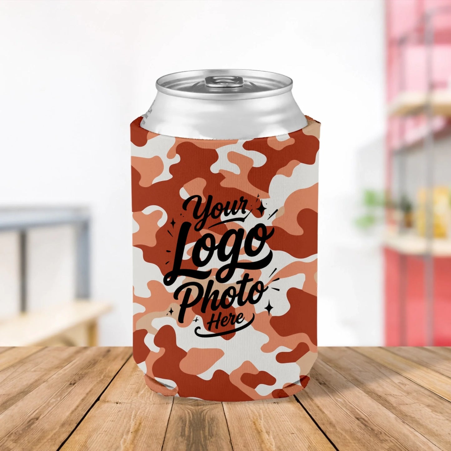 Custom printed desert tan camouflage can cooler personalized with company logo, text, or artwork for military events, promotions, parties, and outdoor activities.