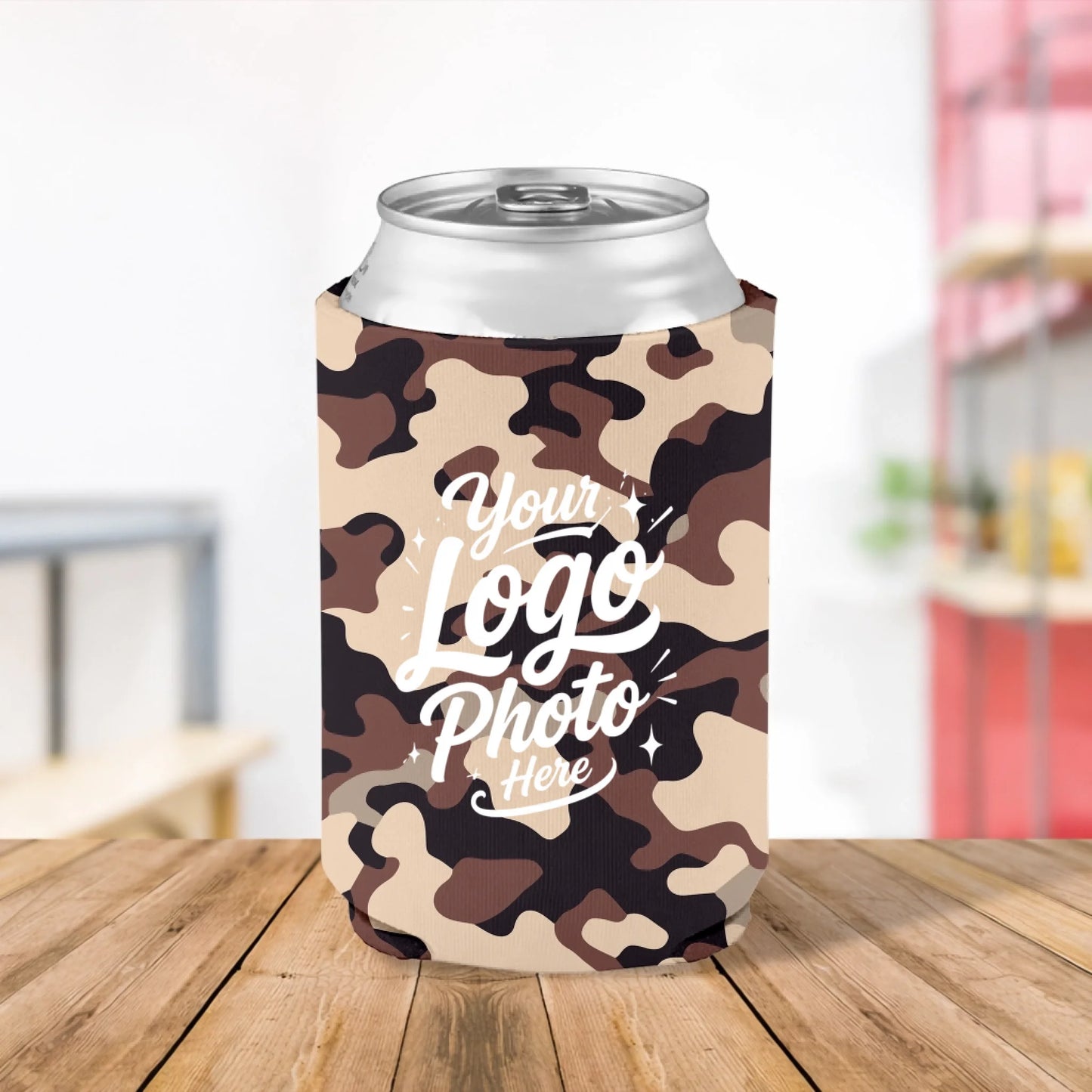 Custom printed Earth Brown camouflage can cooler personalized with logo, artwork, or text for hunting clubs, outdoor events, business promotions, and giveaways.