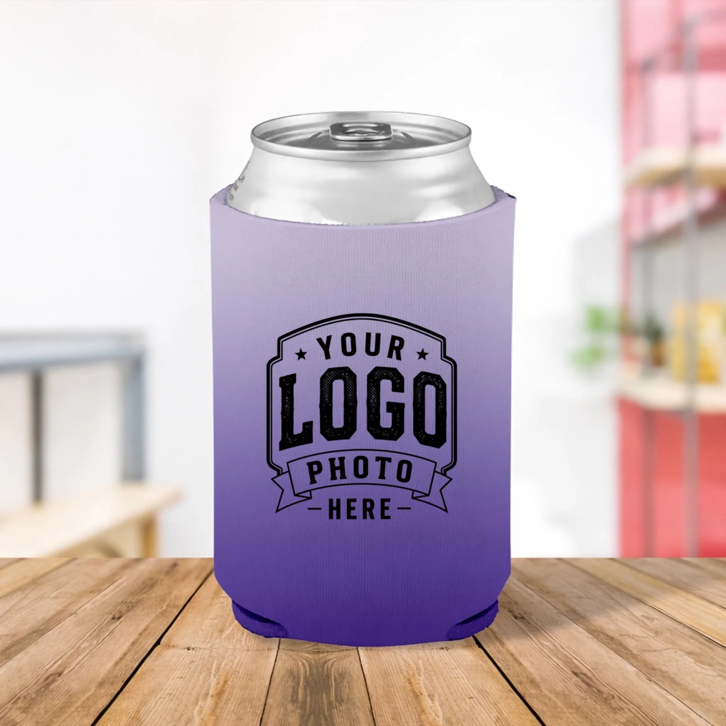 Custom printed Lavender Mist white and purple can cooler personalized with logos, names, text, and artwork for weddings, businesses, fundraisers, baby showers, and promotional events.
