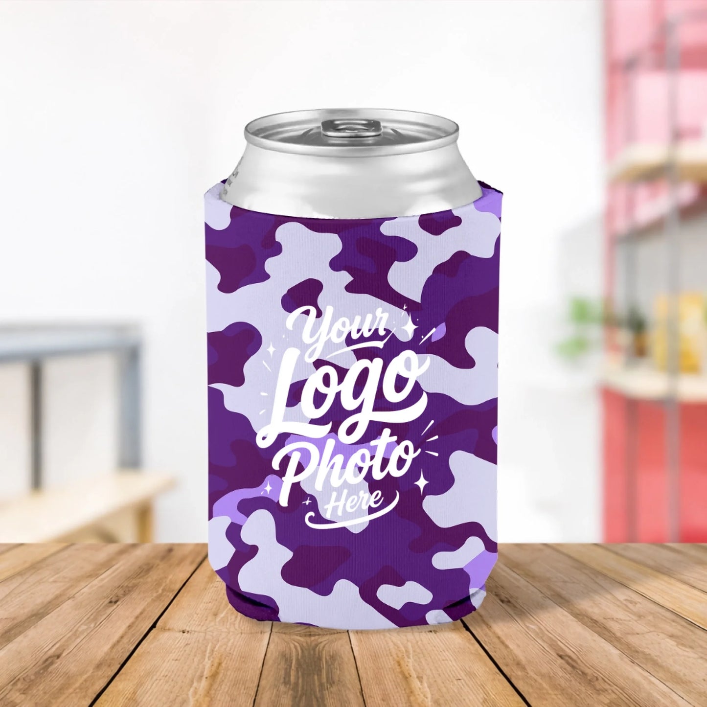 Custom printed Purple Haze camouflage can cooler personalized with logos, names, text, and artwork for schools, sports teams, businesses, fundraisers, and events.