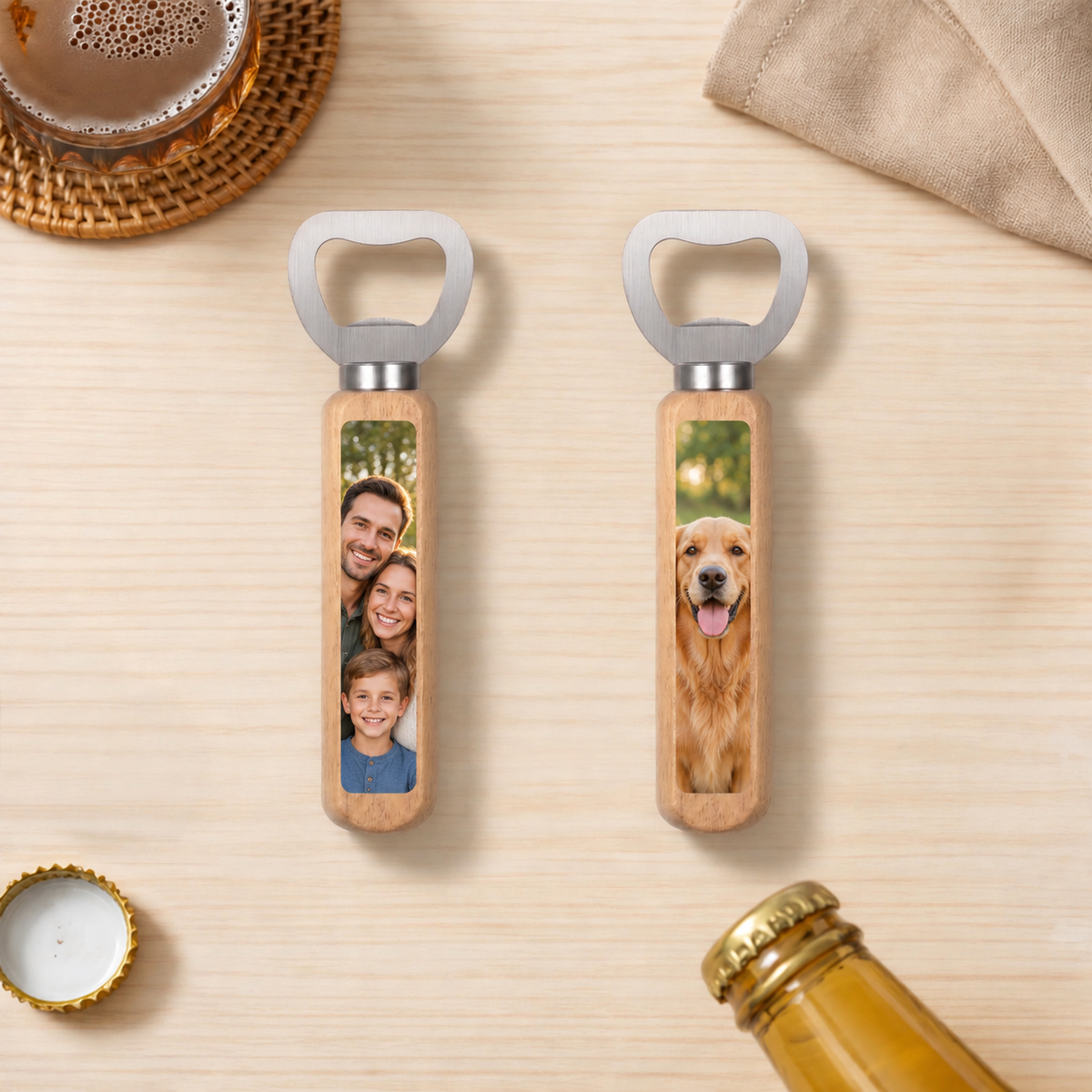 Custom Wood Handle Photo Bartender Bottle Opener with family and dog photo personalization examples