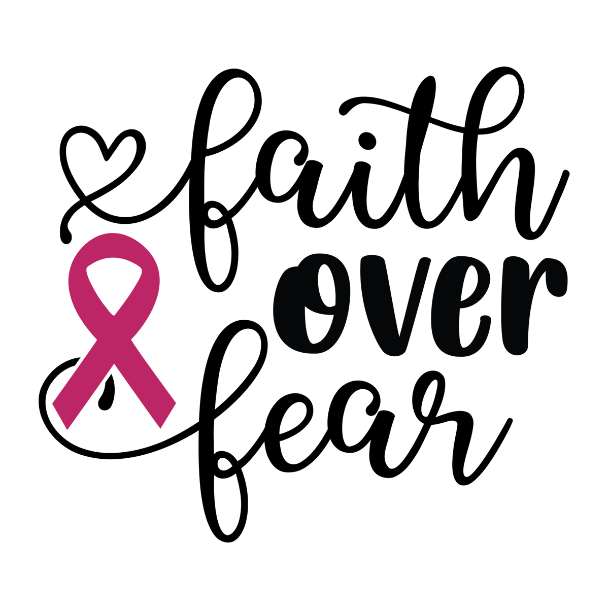 Faith Over Fear black script with a pink ribbon and a heart-shaped flourish at the upper left.