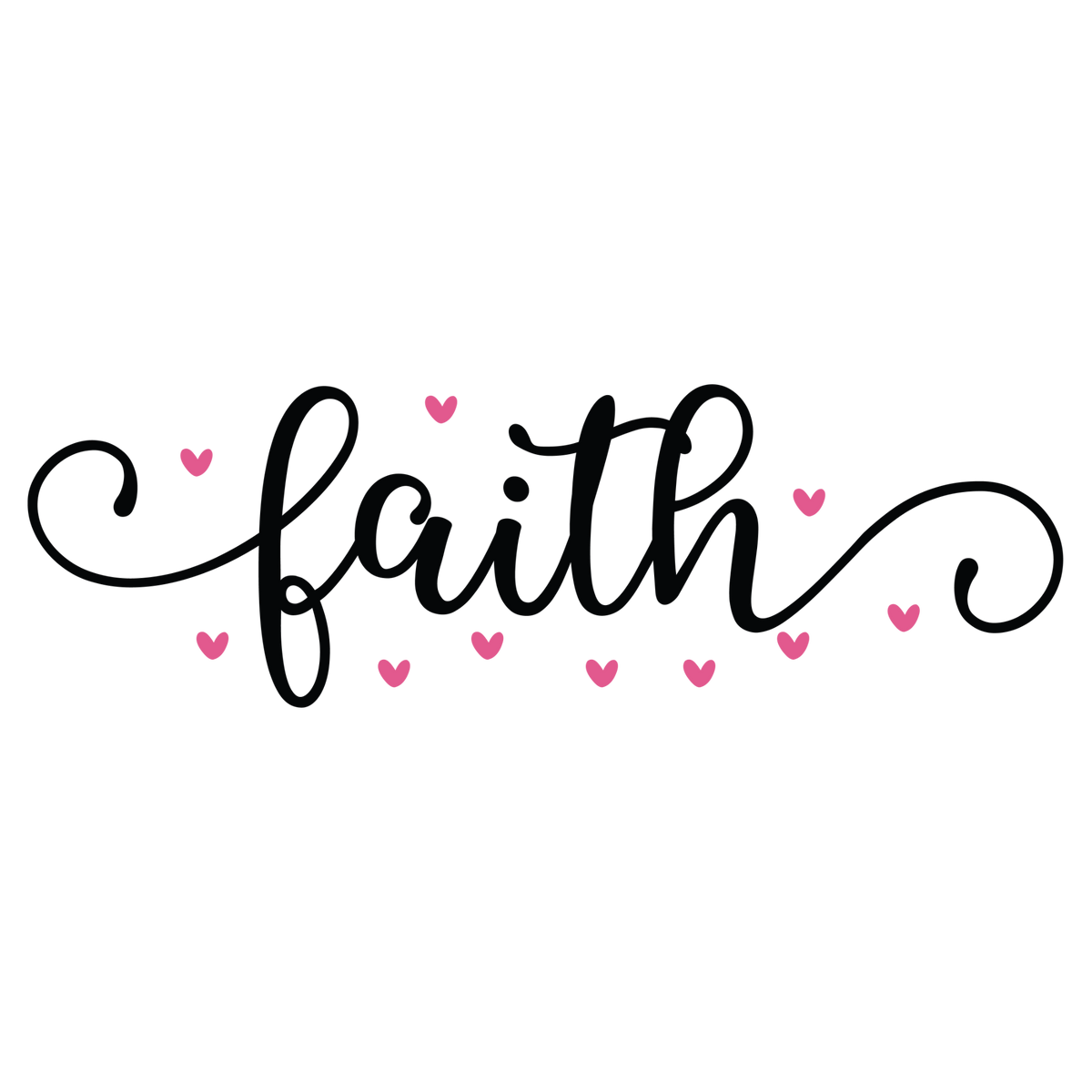 Black faith script with long curved flourishes and small pink hearts.
