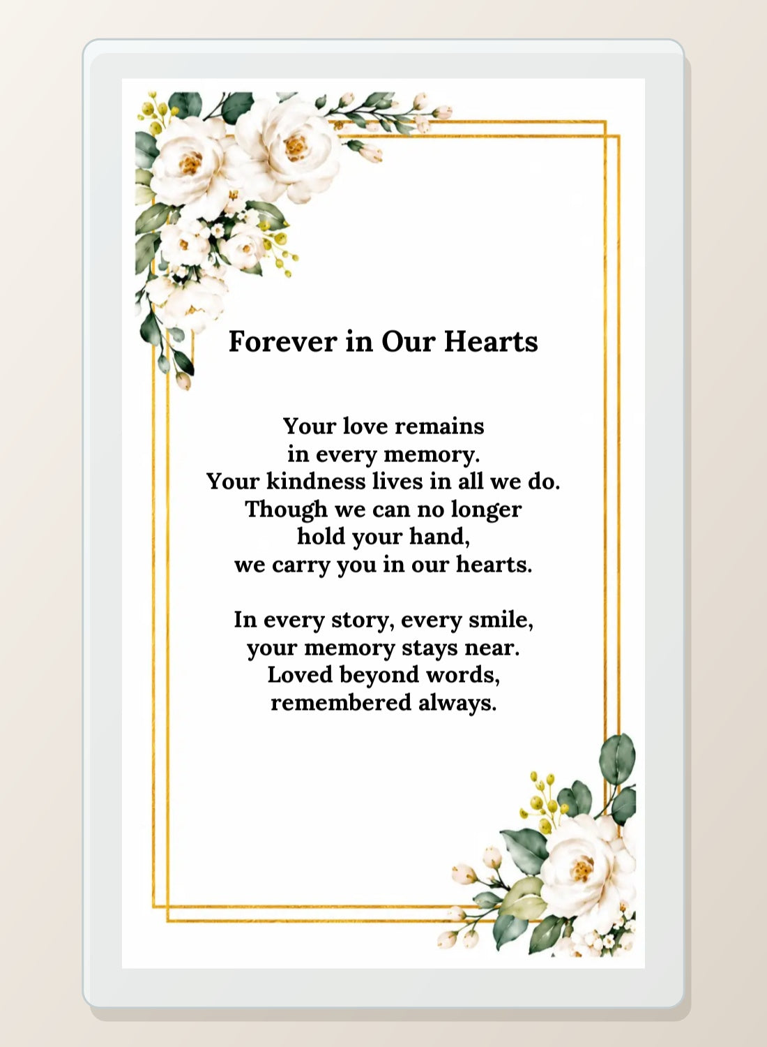 Forever in Our Hearts laminated memorial prayer card back with white roses and gold border