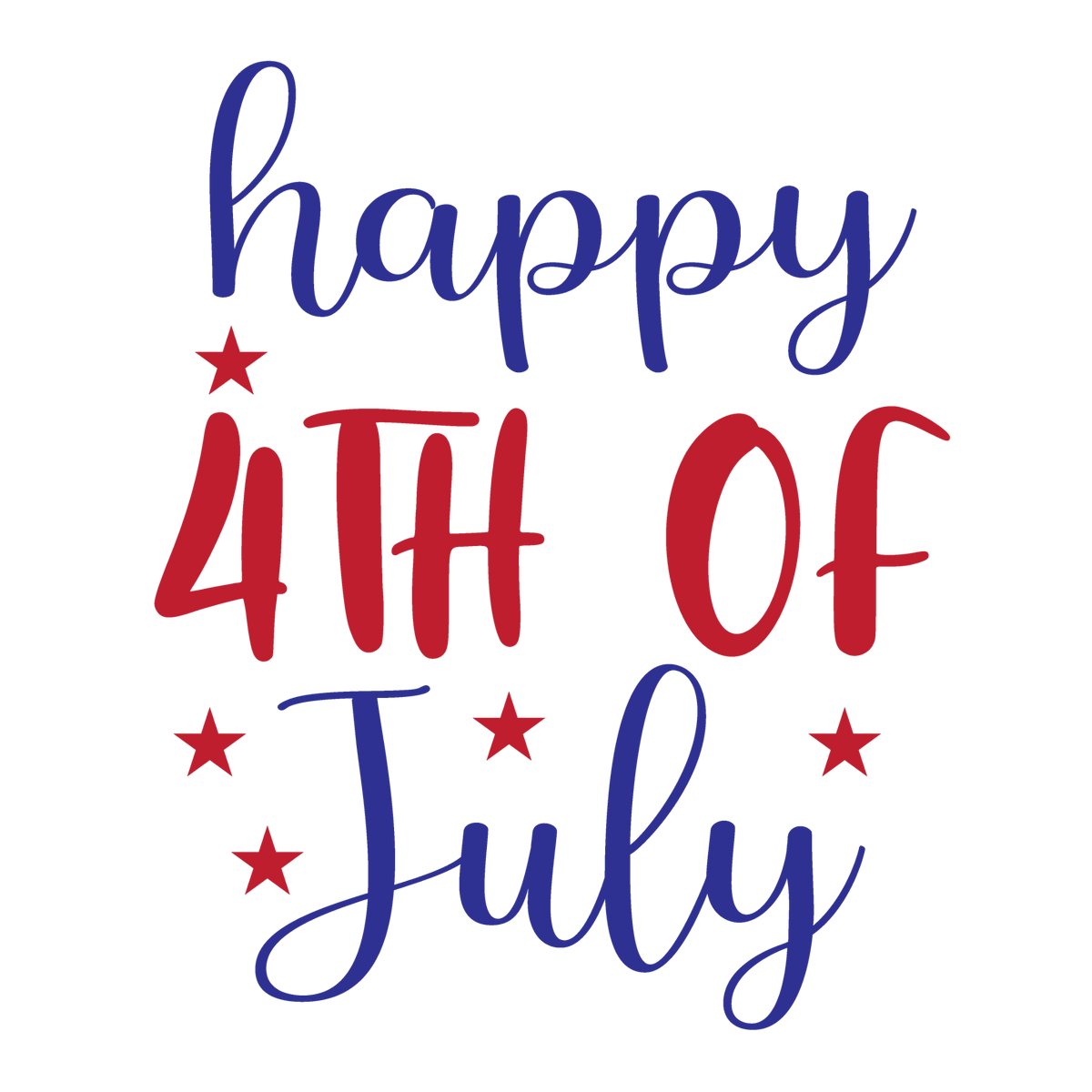 Happy 4th of July red and navy script lettering surrounded by stars.