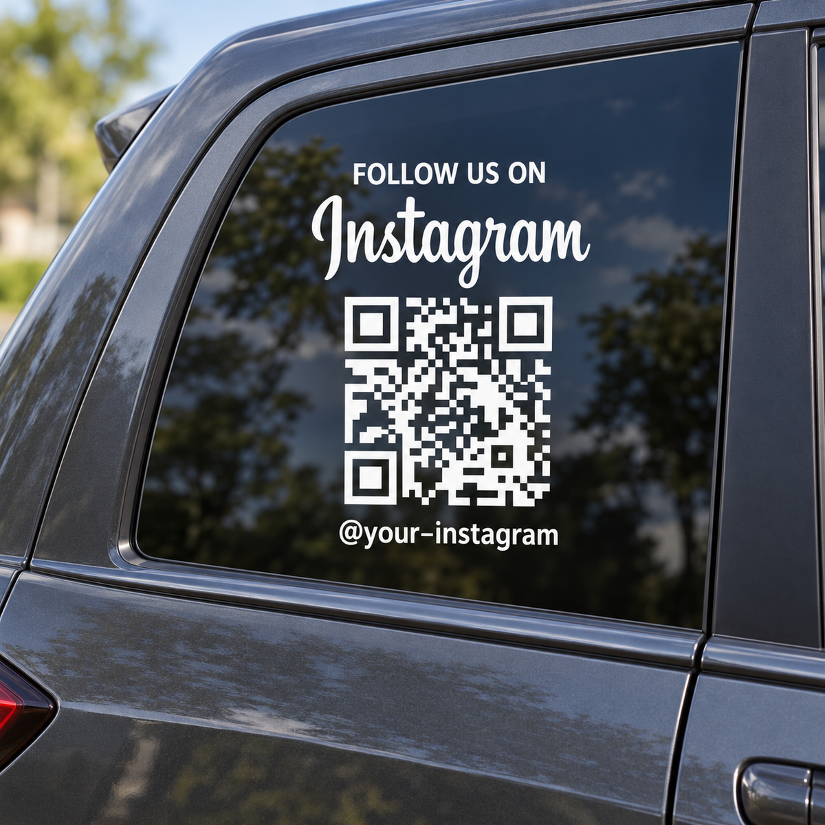 White script Instagram QR decal on car window - sample @your-instagram