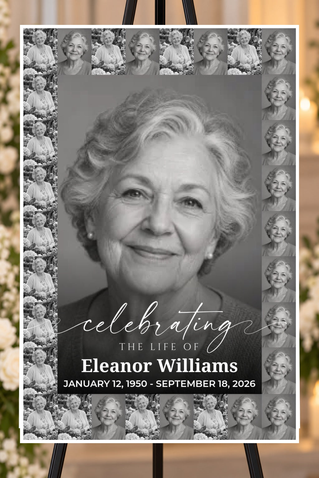Celebrating a Life memorial foam board with sample photos, larger bold name and readable life dates, 24 by 36 inches