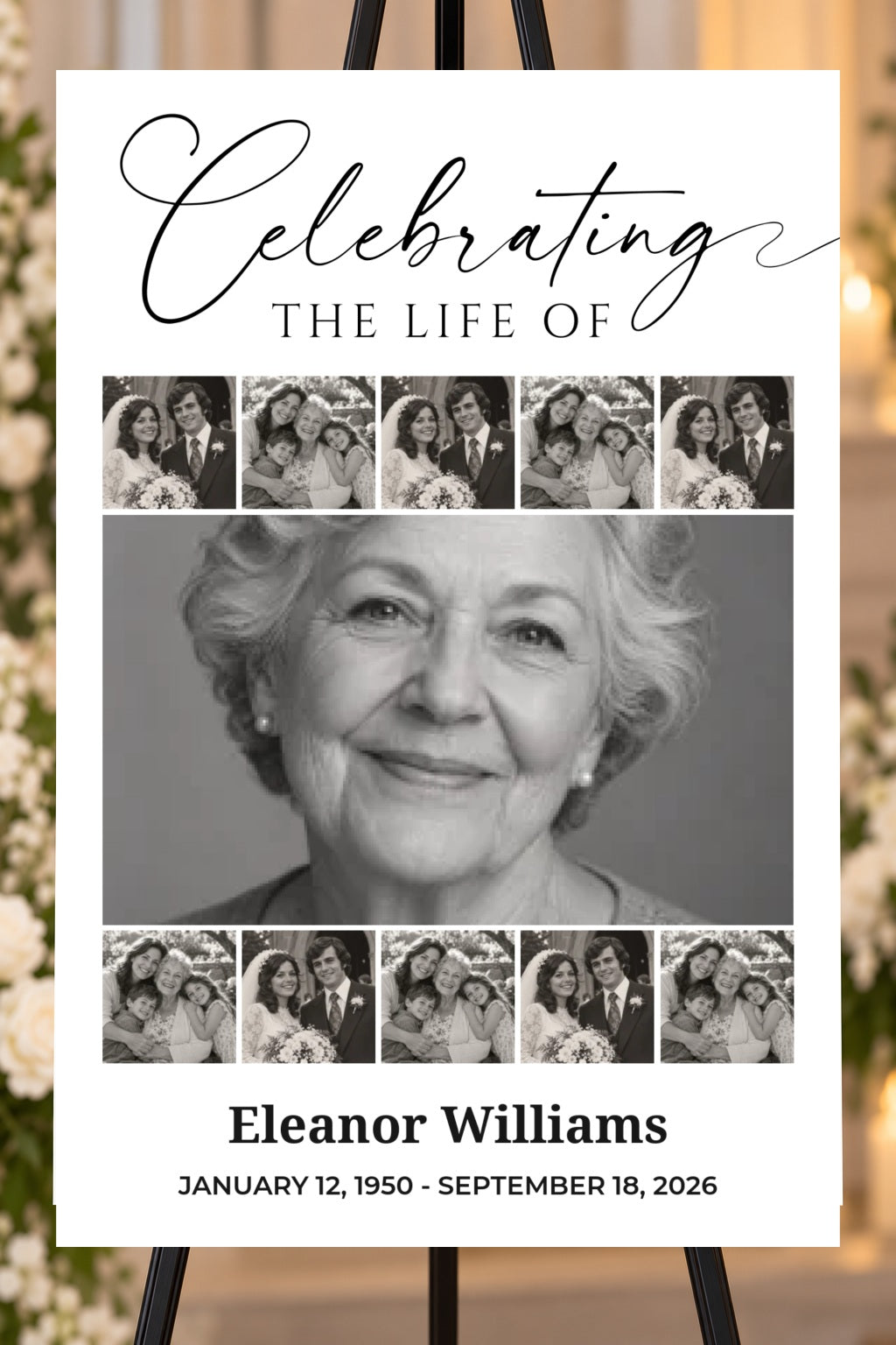 Celebrating a Life memorial foam board with sample photos, larger bold name and readable life dates, 24 by 36 inches