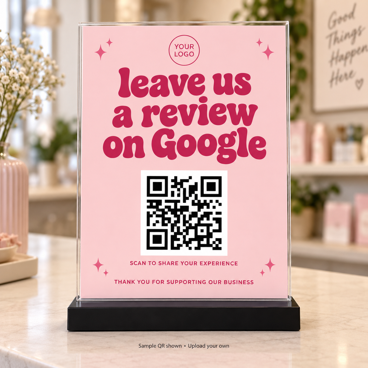 Pink retro 5x7 Google review printed sign in clear holder and black stand; sample QR