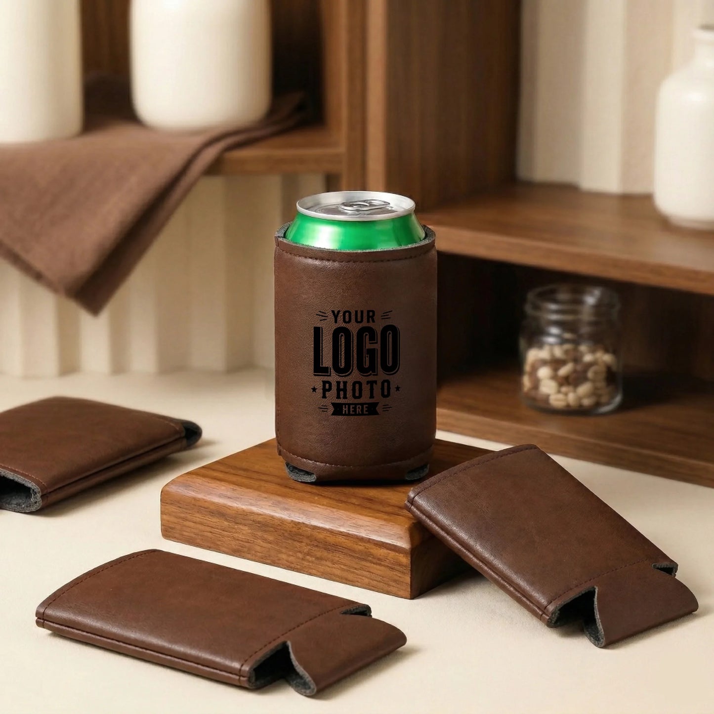 Premium leatherette can cooler engraved with logos, names, monograms, and custom artwork for corporate gifts, weddings, golf tournaments, and business promotions.