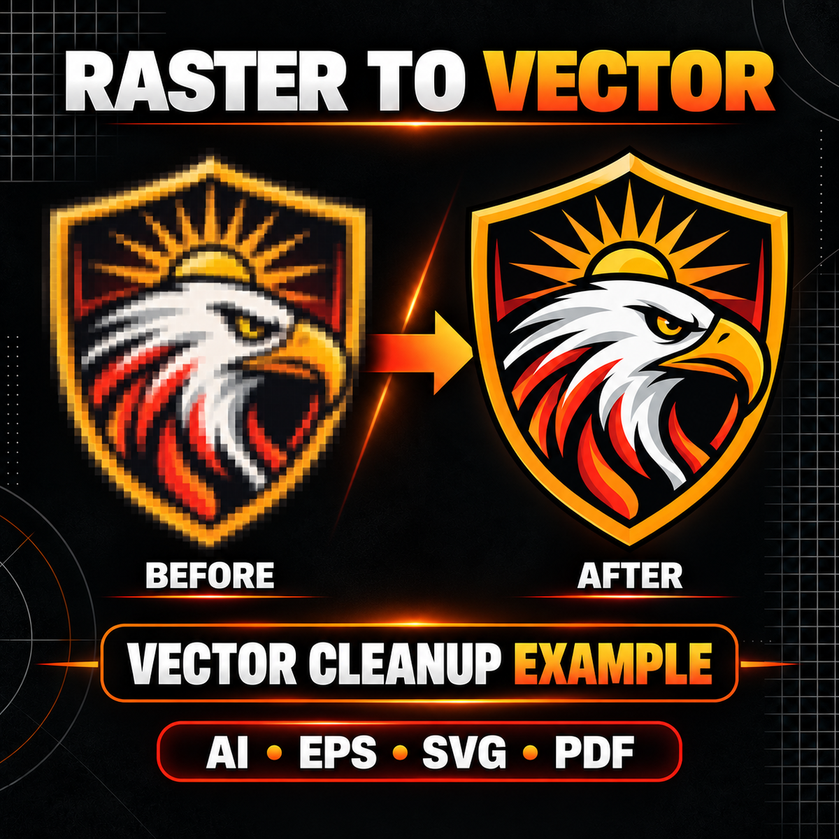 Before-and-after vector tracing example showing a pixelated eagle badge converted into clean, print-ready vector artwork.