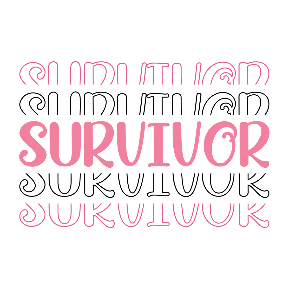 Five stacked SURVIVOR words in pink and black outlines with solid pink lettering in the center.