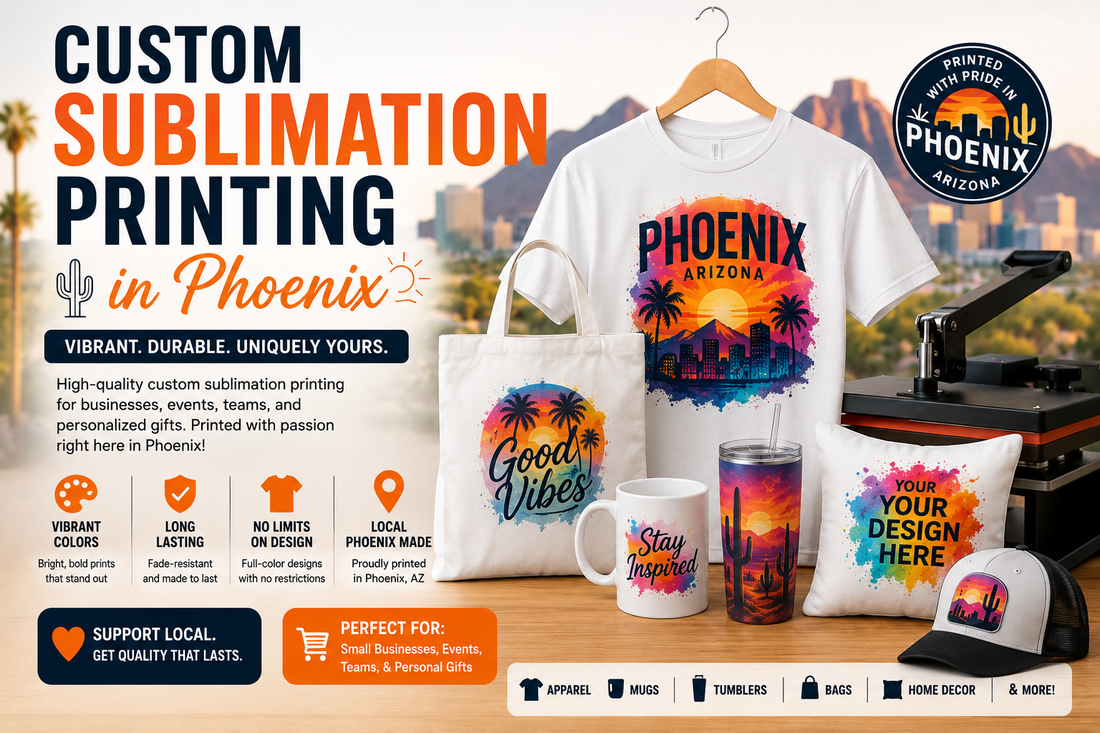 Custom sublimation printing in Phoenix Arizona featuring vibrant custom t-shirts, tote bags, mugs, tumblers, pillows, and apparel created with sublimation transfers and heat press printing by Outta PHX Print Shop.