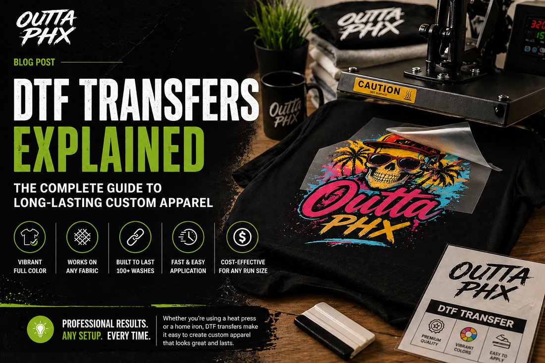 DTF printing transfer being applied with heat press at Outta PHX Print Shop in Phoenix AZ