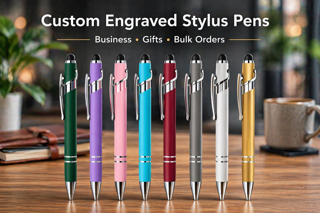 Best custom laser engraved soft-touch stylus pens in Phoenix AZ by OuttaPHX in 12 colors for business branding and promotional giveaways
