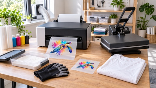 Compact DTF printer, heat press, transfer film and supplies arranged in a ventilated home craft studio.