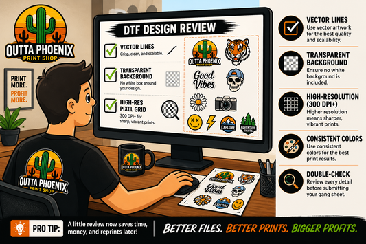 Outta PHX Print Shop before and after comparison wasted time and poor results from bad gang sheet files versus better files, better prints, and bigger profits using clean artwork