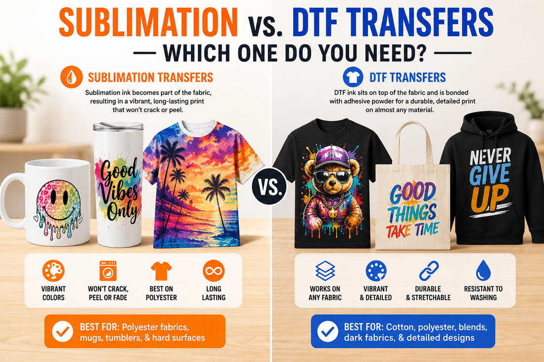 Sublimation vs DTF transfer comparison — custom printing at Outta PHX Print Shop in Phoenix, Arizona
