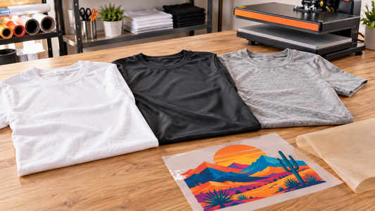 Cotton polyester and blended shirts with an Arizona desert DTF transfer beside a heat press