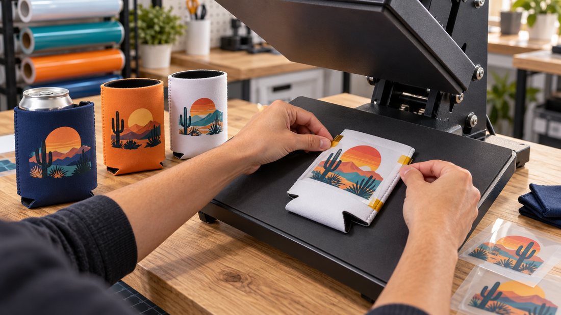 Applying a colorful DTF transfer to a neoprene can cooler with a heat press