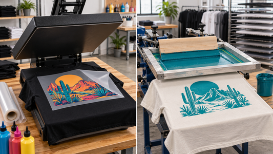 Side-by-side comparison of a colorful DTF transfer and traditional screen printing on custom T-shirts.