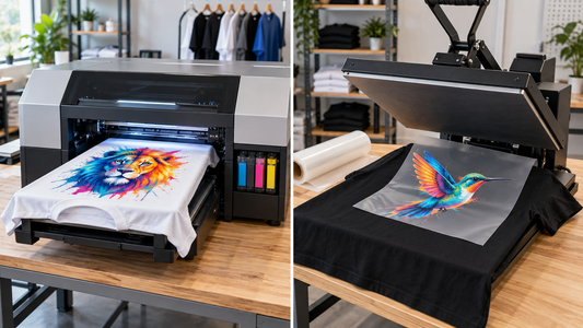 Side-by-side comparison of DTG printing directly on a shirt and DTF film transfer printing with a heat press.