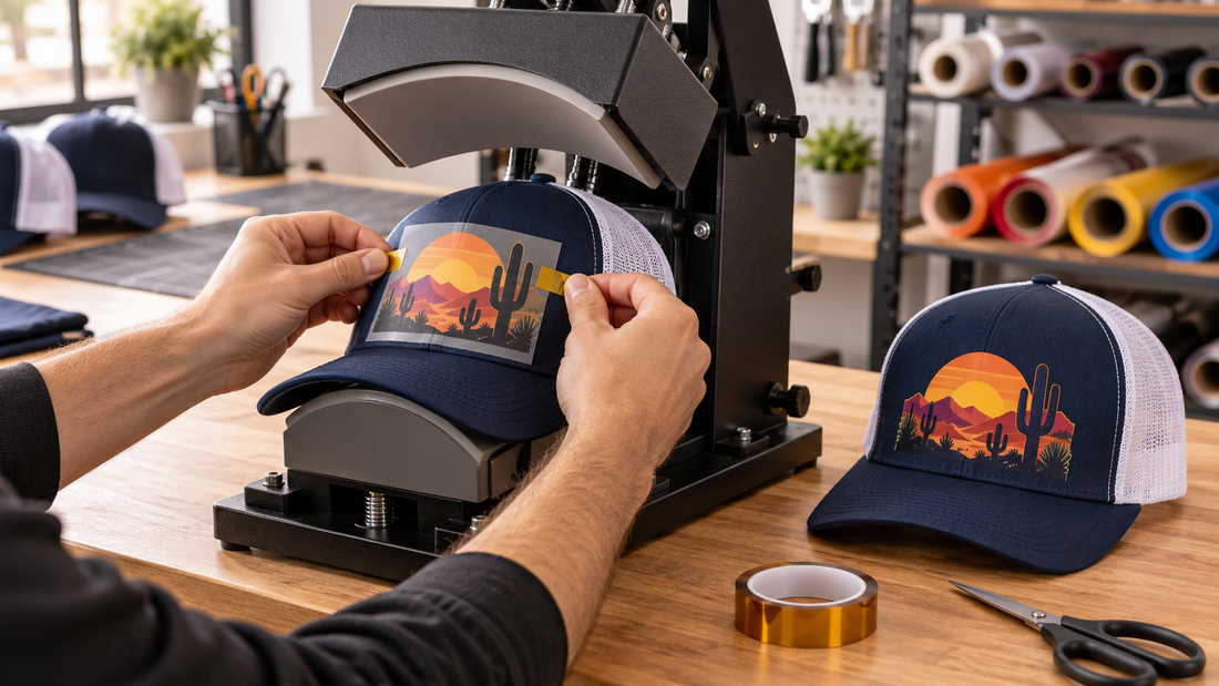 Positioning a DTF heat transfer on a trucker hat using a curved hat press