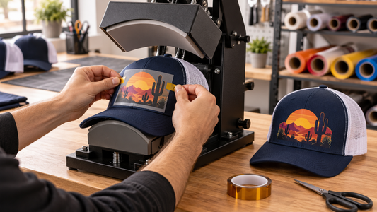 Positioning a DTF heat transfer on a trucker hat using a curved hat press