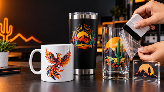 Custom UV DTF transfer decal applied to a glass tumbler, printed by Outta PHX in Phoenix, AZ
