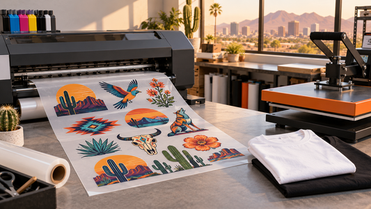 DTF gang sheet printing and heat press equipment at a Phoenix print shop