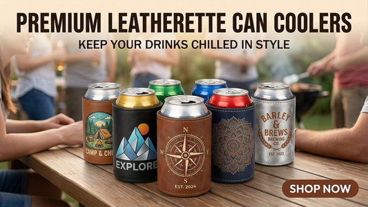 Custom UV printed leatherette can coolers in 17 colors for events and weddings in Phoenix AZ by Outta PHX Print Shop