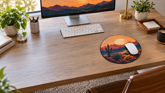 Personalized round mouse pad with a Phoenix desert design on a modern office desk.