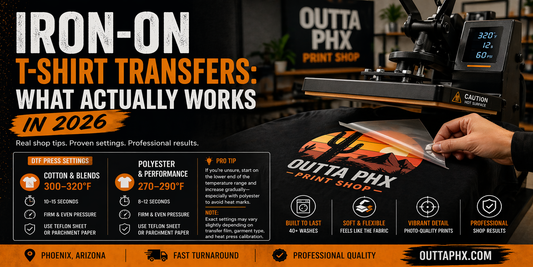 Outta PHX Print Shop iron-on t-shirt transfer press settings infographic showing DTF heat press temperatures for cotton and polyester fabrics in Phoenix Arizona