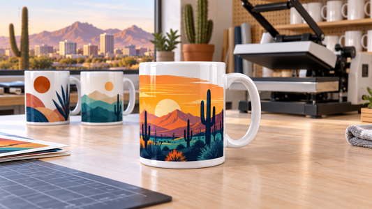 Custom Phoenix desert mugs displayed beside a mug heat press in a professional print shop.