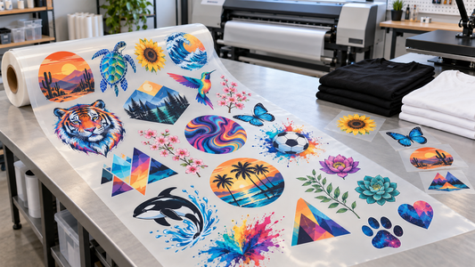 Colorful custom designs arranged on a same-day DTF gang sheet inside a professional Phoenix print shop.