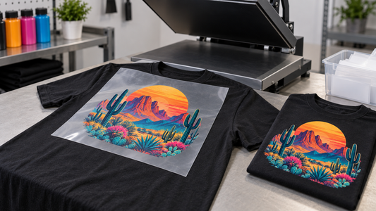 Colorful DTF transfer film positioned on a black T-shirt beside a finished custom print in a Phoenix print shop.