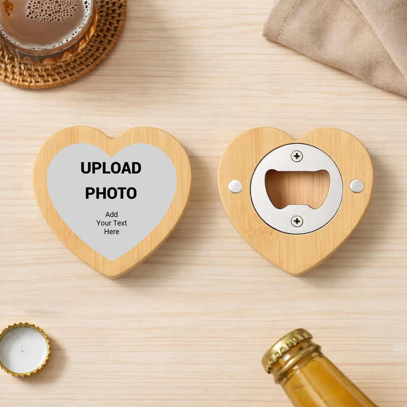 Custom heart-shaped bamboo magnetic bottle opener with uv printing by Outta PHX Print Shop.