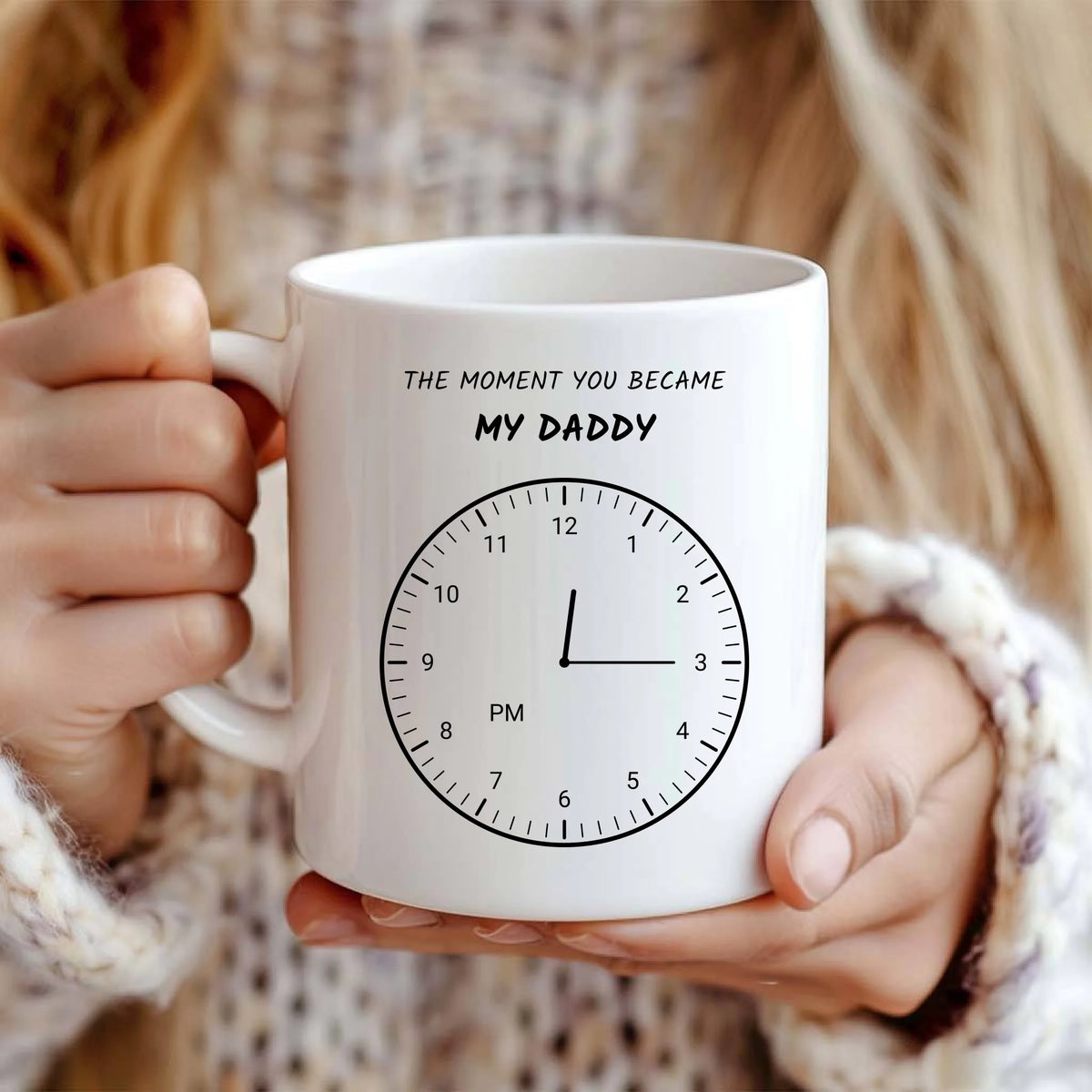 White 11 oz personalized dad mug showing the birth-time clock and The Moment You Became My Daddy message