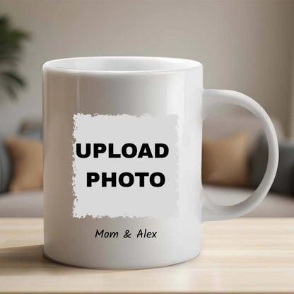 Personalized mom photo mug with distressed square photo area and custom names beneath