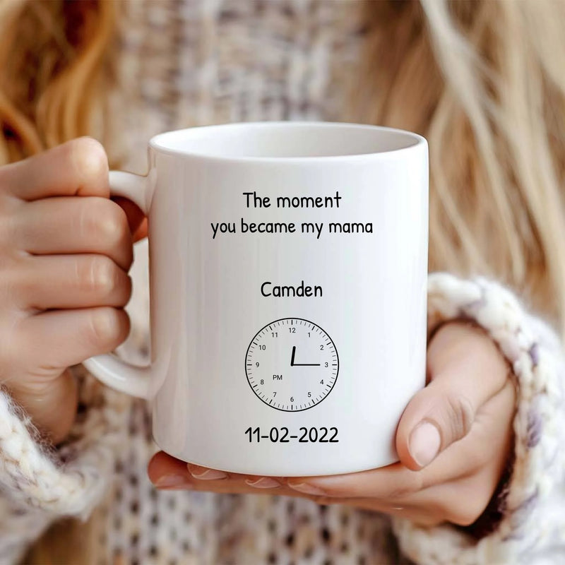 Personalized 11 oz mama mug with handwritten lettering, heart, birth time clock, and date